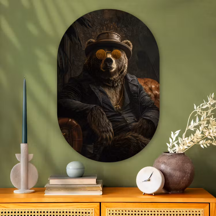 Beer - Bruin - Pak - Hoed Wandcirkel Ovaal Glas middel -sfeer2