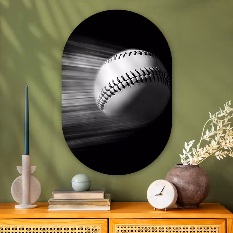 Honkbal - Wit - Vliegt Wandcirkel Ovaal Glas middel -sfeer2