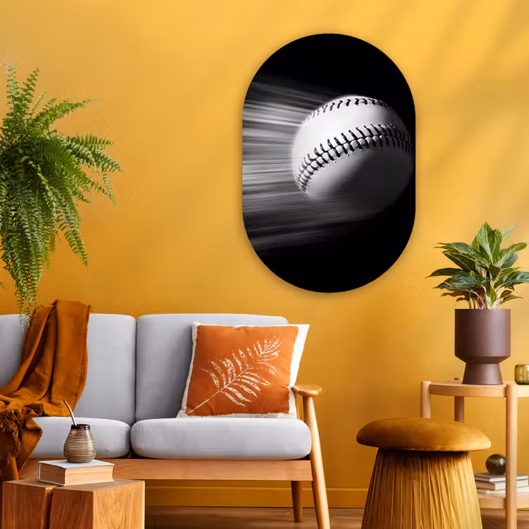 Honkbal - Wit - Vliegt Wandcirkel Ovaal Glas middel -sfeer4
