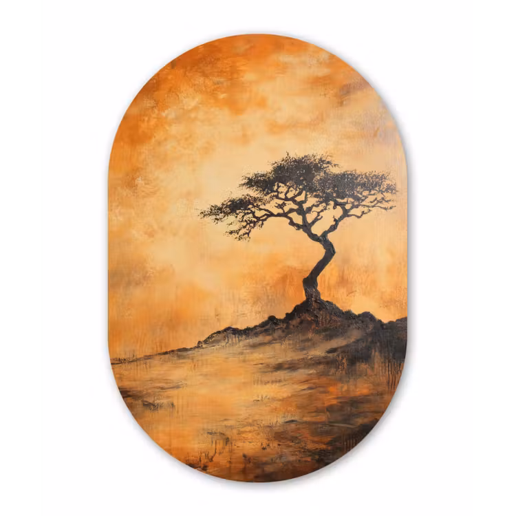 Boom - Landschap - Oranje Wandcirkel Ovaal Glas middel -3d
