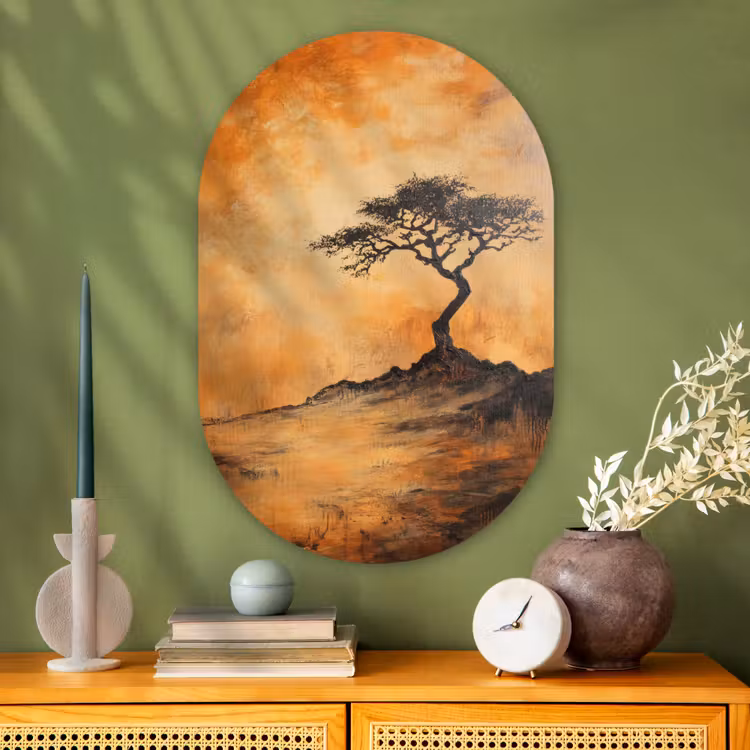 Boom - Landschap - Oranje Wandcirkel Ovaal Glas middel -sfeer2