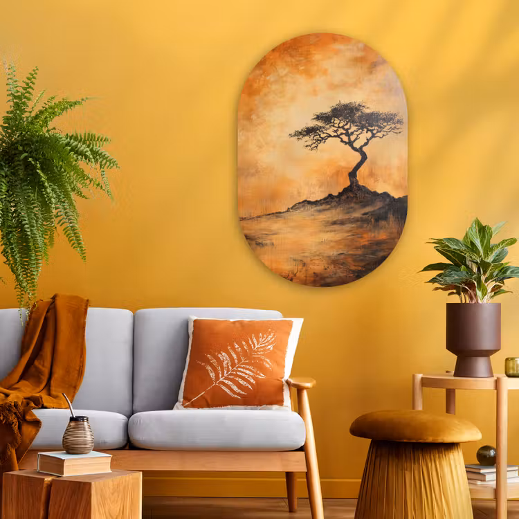 Boom - Landschap - Oranje Wandcirkel Ovaal Glas middel -sfeer4