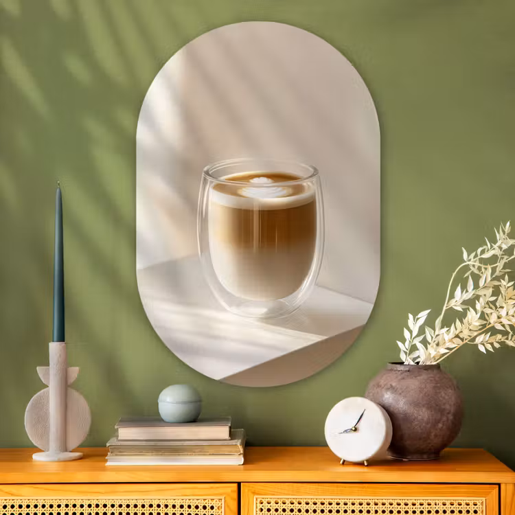 Mok - Latte - Minimalistisch - Schaduw Wandcirkel Ovaal Glas middel -sfeer2