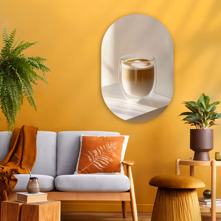 Mok - Latte - Minimalistisch - Schaduw Wandcirkel Ovaal Glas middel -sfeer4