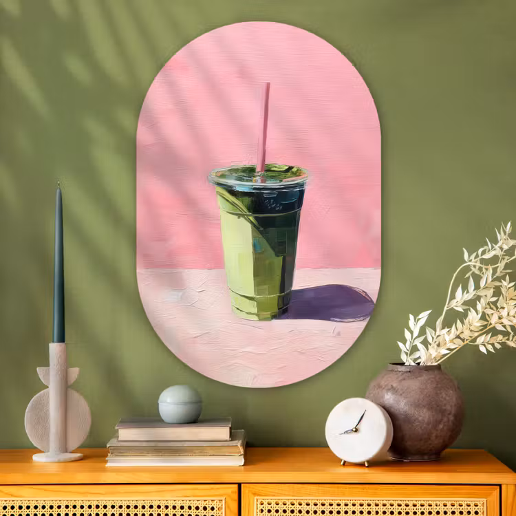 Beker - Rietje - Minimalistisch - Groen Wandcirkel Ovaal Glas middel -sfeer2