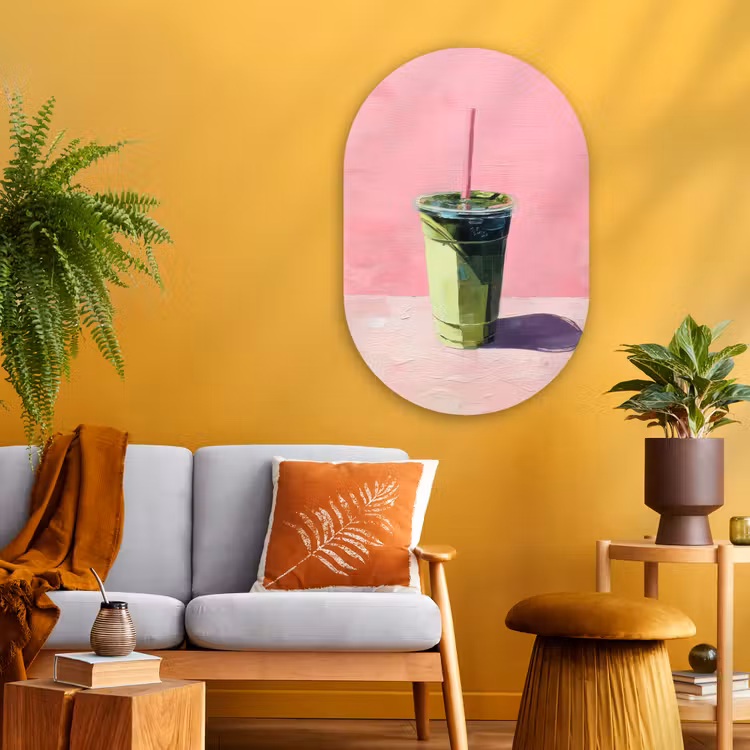 Beker - Rietje - Minimalistisch - Groen Wandcirkel Ovaal Glas middel -sfeer4