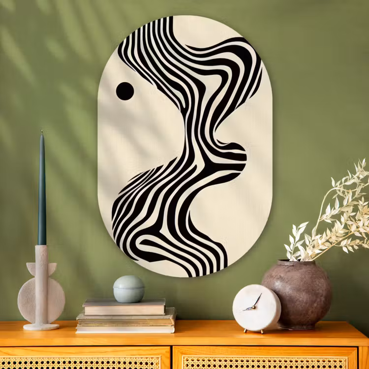 Beige - Lijnen - Golvend - Abstract Wandcirkel Ovaal Glas middel -sfeer2
