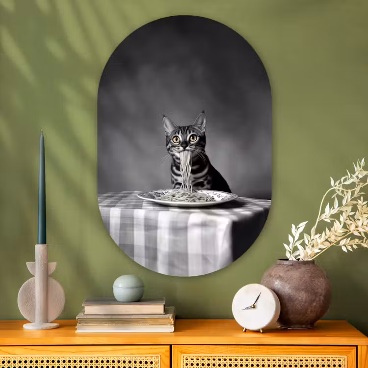 Bengaal - Kat - Tafelkleed - Zwart - Wit - Dier Wandcirkel Ovaal Glas middel -sfeer2