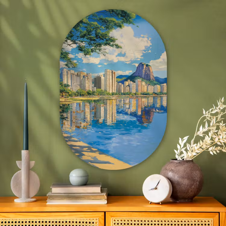 Berg - Skyline - Strand - Water Wandcirkel Ovaal Glas middel -sfeer2
