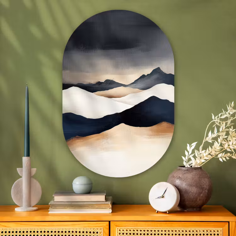 Bergen - Donkerblauw - Landschap Wandcirkel Ovaal Glas middel -sfeer2