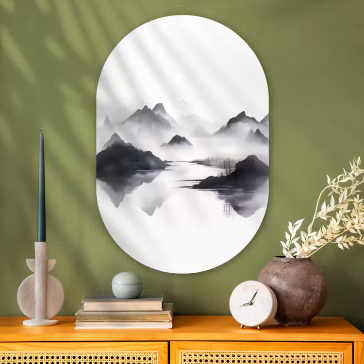 Bergen - Mistig - Water - Wit Wandcirkel Ovaal Glas middel -sfeer2