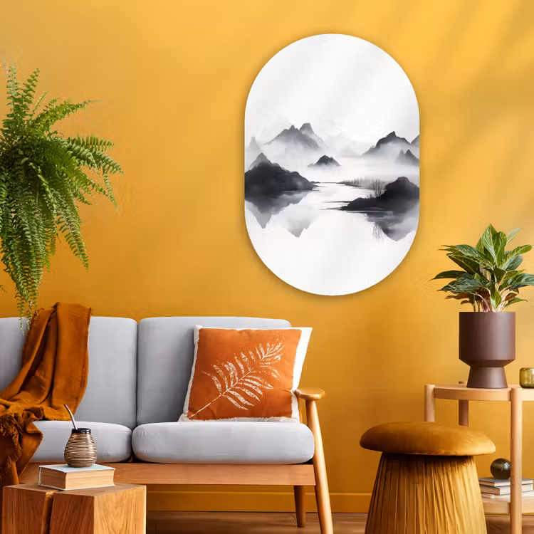 Bergen - Mistig - Water - Wit Wandcirkel Ovaal Glas middel -sfeer4
