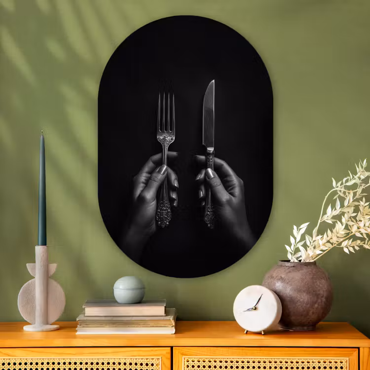 Bestek - Zwart - Wit Wandcirkel Ovaal Glas middel -sfeer2