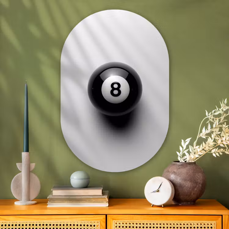 Biljartbal - Getal - Acht - Wit Wandcirkel Ovaal Glas middel -sfeer2