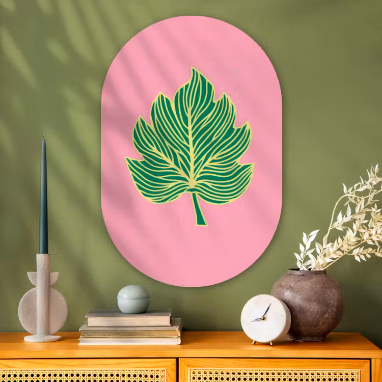 Blad - Groen - Illustratie - Minimalistisch Wandcirkel Ovaal Glas middel -sfeer2