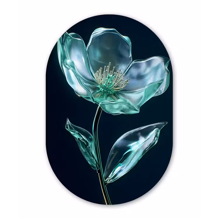 Bladeren - Bloem - Glazen - Donkerblauw Wandcirkel Ovaal Glas middel -3d