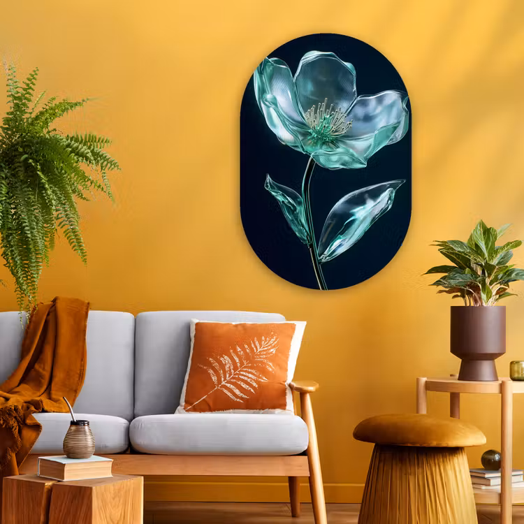 Bladeren - Bloem - Glazen - Donkerblauw Wandcirkel Ovaal Glas middel -sfeer4