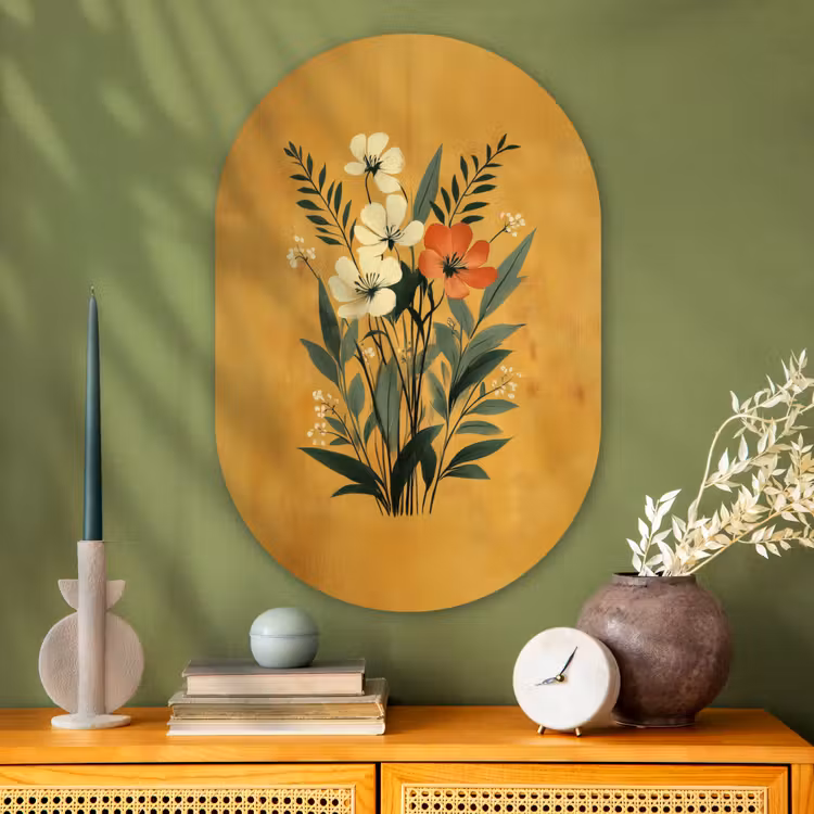 Bladeren - Boeket - Bloemen - Geel Wandcirkel Ovaal Glas middel -sfeer2