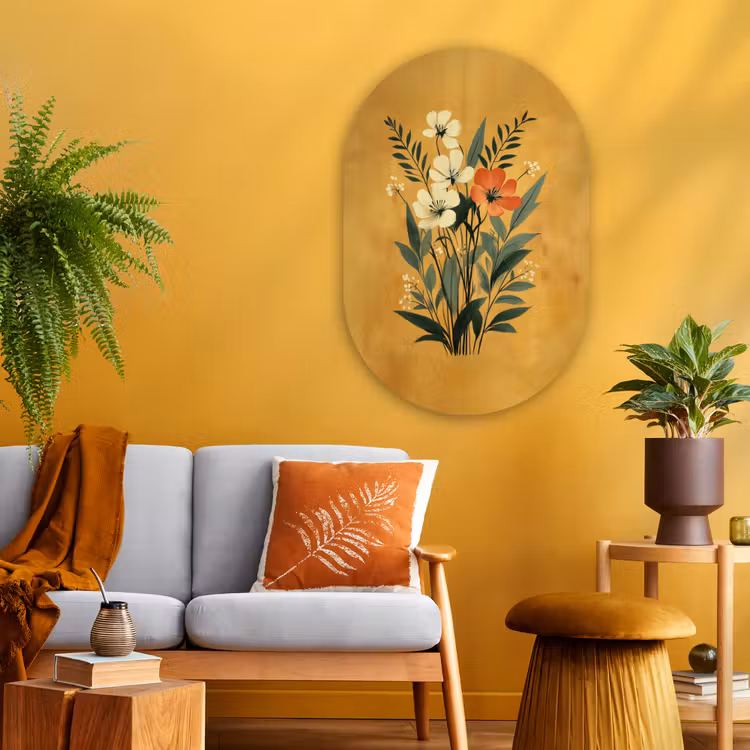 Bladeren - Boeket - Bloemen - Geel Wandcirkel Ovaal Glas middel -sfeer4