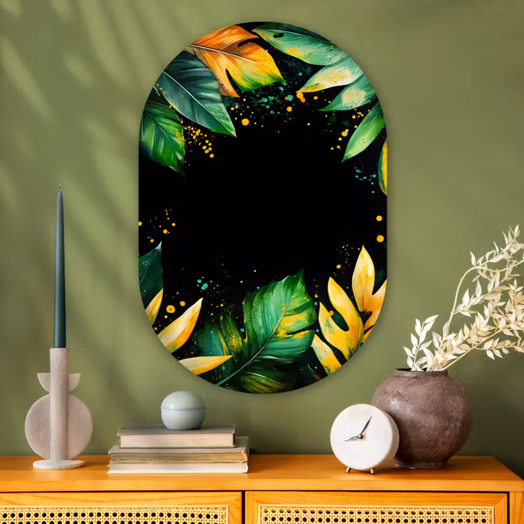 Bladeren - Groen - Geel - Verf - Jungle Wandcirkel Ovaal Glas middel -sfeer2