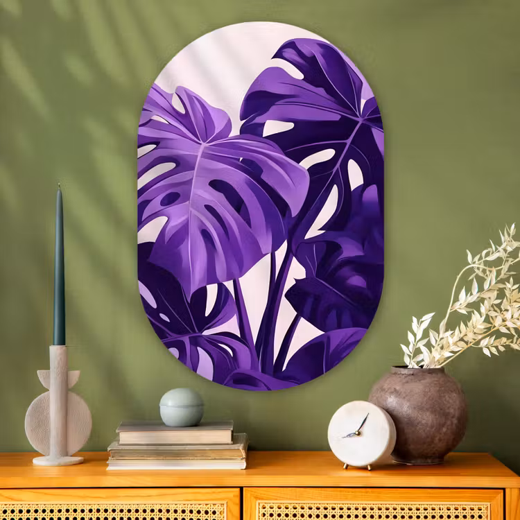 Bladeren - Paars - Tropisch - Abstract Wandcirkel Ovaal Glas middel -sfeer2