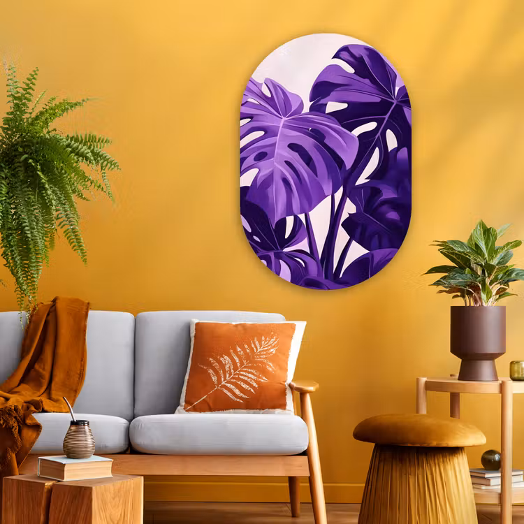 Bladeren - Paars - Tropisch - Abstract Wandcirkel Ovaal Glas middel -sfeer4