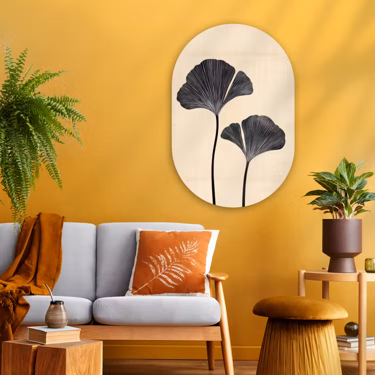 Bladeren - Minimalistisch - Zwart Wandcirkel Ovaal Glas middel -sfeer4