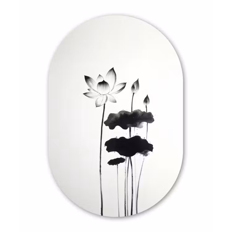 Bladeren - Zwart - Lotusbloem - Minimalitisch Wandcirkel Ovaal Glas middel -3d