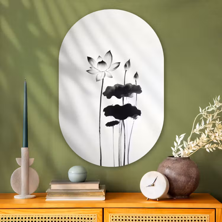 Bladeren - Zwart - Lotusbloem - Minimalitisch Wandcirkel Ovaal Glas middel -sfeer2