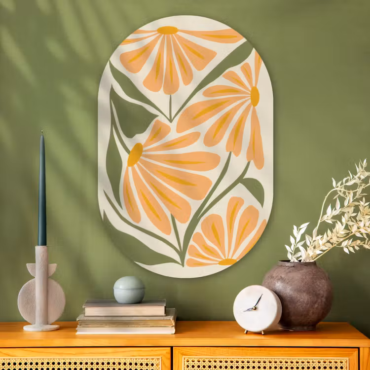 Blaadjes - Zachtoranje - Bloemen Wandcirkel Ovaal Glas middel -sfeer2
