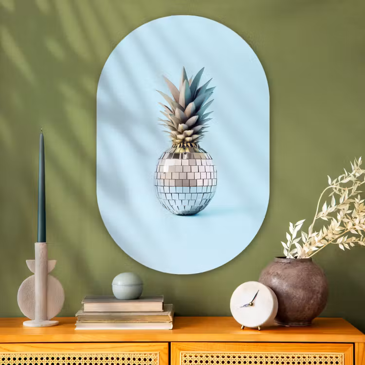 Blauw - Ananas - Disco - Discobal Wandcirkel Ovaal Glas middel -sfeer2