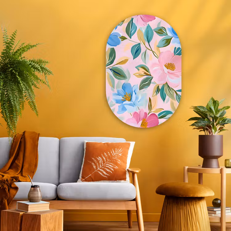 Blauw - Roze - Bloemen Wandcirkel Ovaal Glas middel -sfeer4