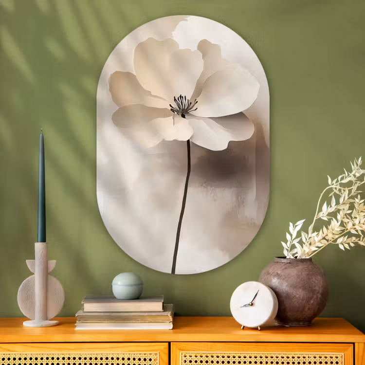 Bloem - Beige - Verf - Schaduw Wandcirkel Ovaal Glas middel -sfeer2