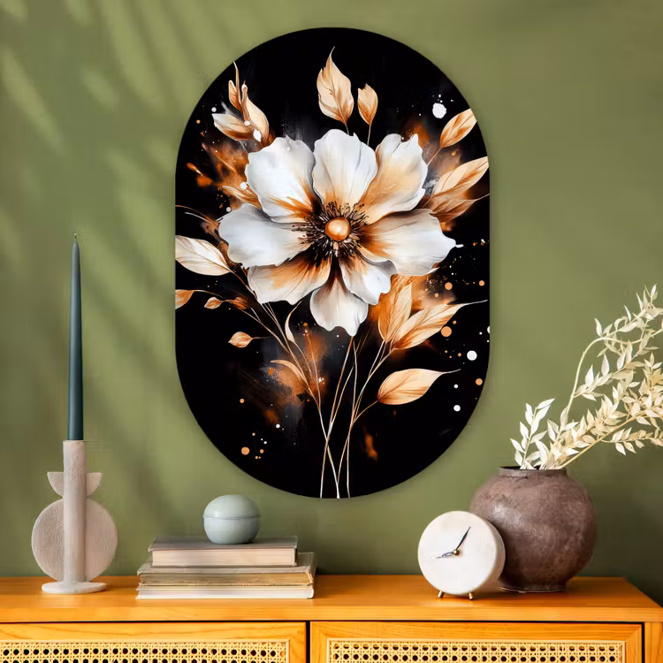 Bloem - Verf - Goud - Graffiti - Modern Wandcirkel Ovaal Glas middel -sfeer2