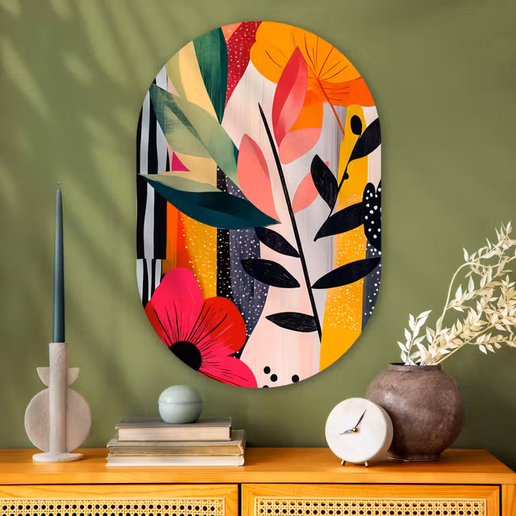 Bloemen - Bladeren - Abstract - Kleurrijk Wandcirkel Ovaal Glas middel -sfeer2