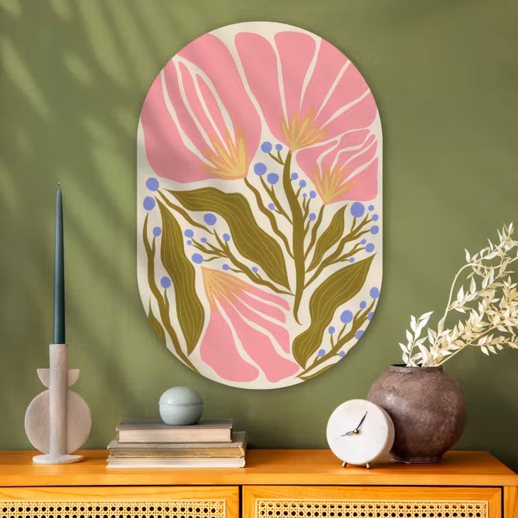 Bloemen - Bladeren - Abstract - Roze Wandcirkel Ovaal Glas middel -sfeer2