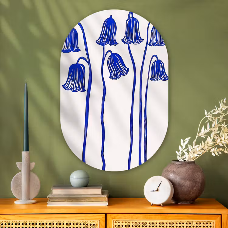 Bloemen - Blauw - Lijnen - Bloemblaadjes Wandcirkel Ovaal Glas middel -sfeer2