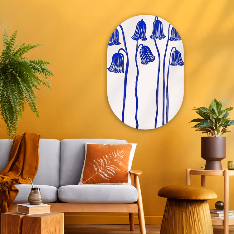 Bloemen - Blauw - Lijnen - Bloemblaadjes Wandcirkel Ovaal Glas middel -sfeer4