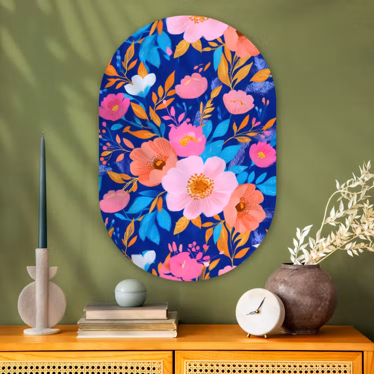 Bloemen - Blauw - Roze Wandcirkel Ovaal Glas middel -sfeer2