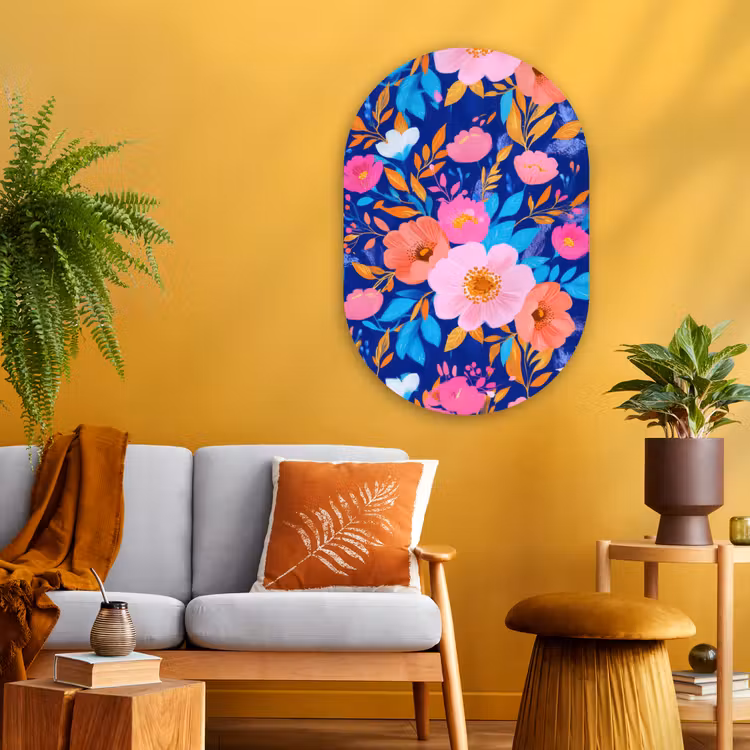 Bloemen - Blauw - Roze Wandcirkel Ovaal Glas middel -sfeer4