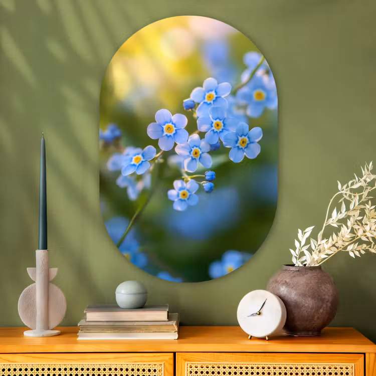 Bloemetjes - Blauw - Vergeet mij nietjes Wandcirkel Ovaal Glas middel -sfeer2