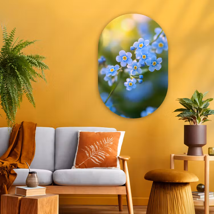 Bloemetjes - Blauw - Vergeet mij nietjes Wandcirkel Ovaal Glas middel -sfeer4