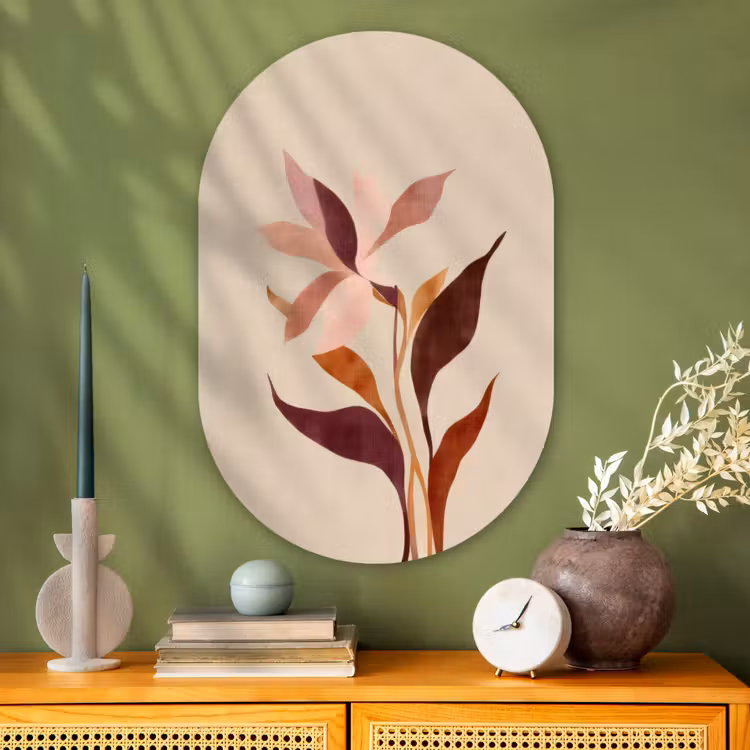 Bloemen - Blaadjes - Minimalistisch - Roze Wandcirkel Ovaal Glas middel -sfeer2
