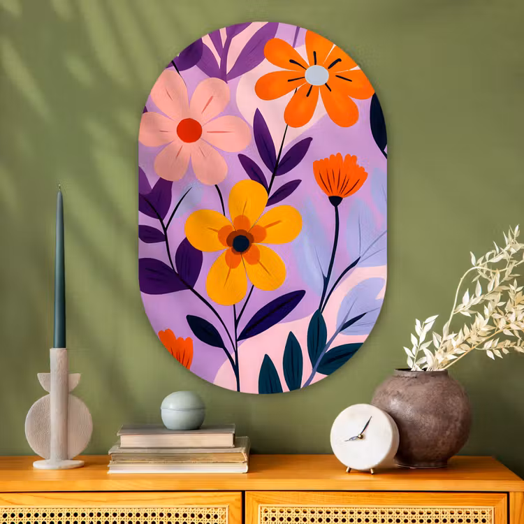 Bloemen - Kleurrijk - Bladeren Wandcirkel Ovaal Glas middel -sfeer2