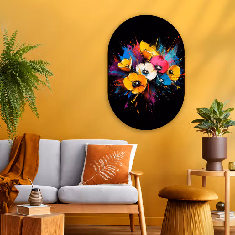 Bloemen - Kleurrijk - Graffiti - Modern - Boeket Wandcirkel Ovaal Glas middel -sfeer4