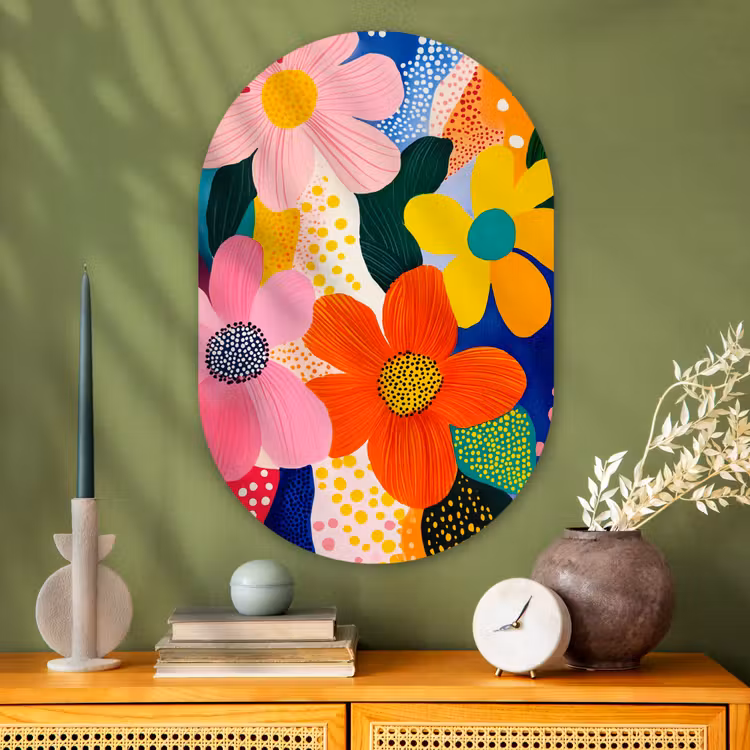 Bloemen - Kleurrijk - Stippen Wandcirkel Ovaal Glas middel -sfeer2