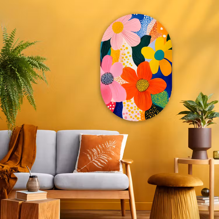 Bloemen - Kleurrijk - Stippen Wandcirkel Ovaal Glas middel -sfeer4