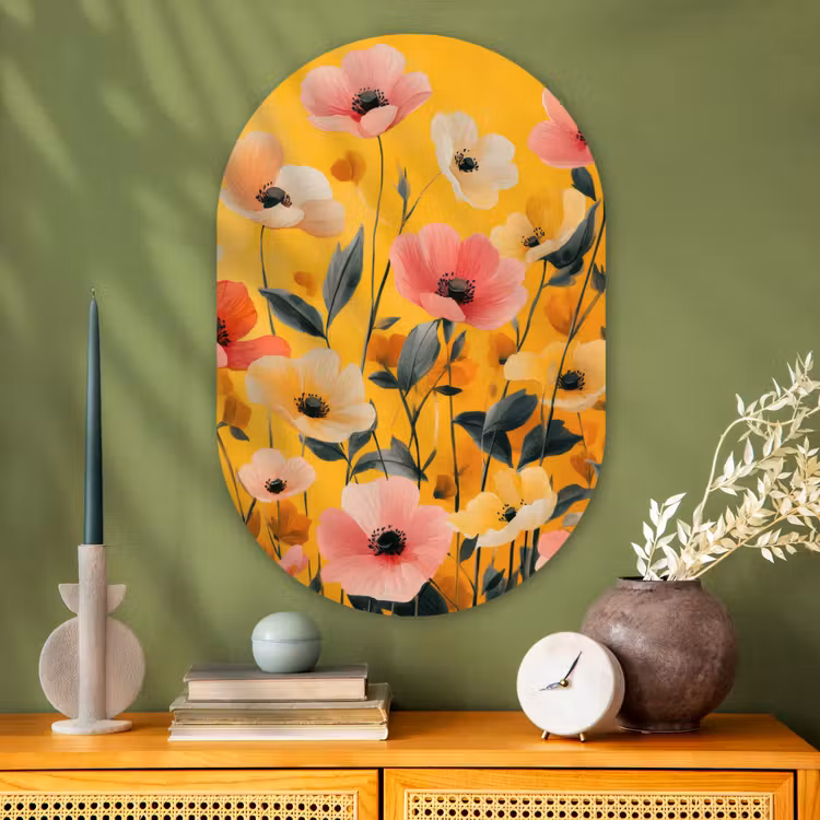 Bloemen - Veld - Geel Wandcirkel Ovaal Glas middel -sfeer2