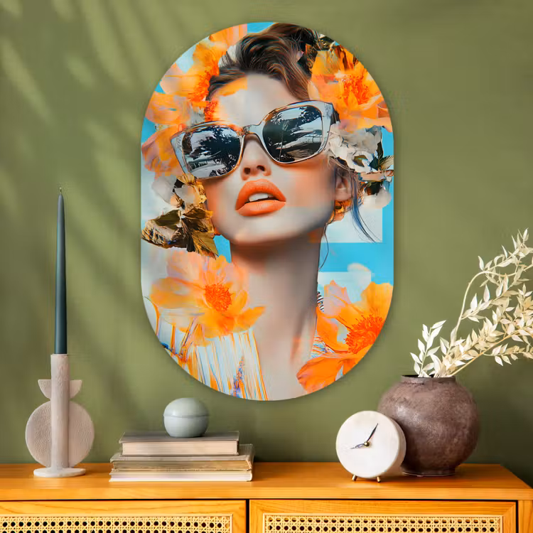 Bloemen - Vrouw - Zonnebril - Blauw Wandcirkel Ovaal Glas middel -sfeer2