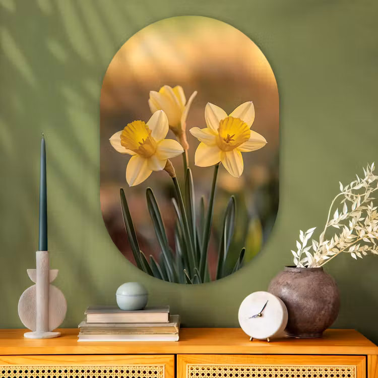 Bloemen - Geel - Wazig Wandcirkel Ovaal Glas middel -sfeer2